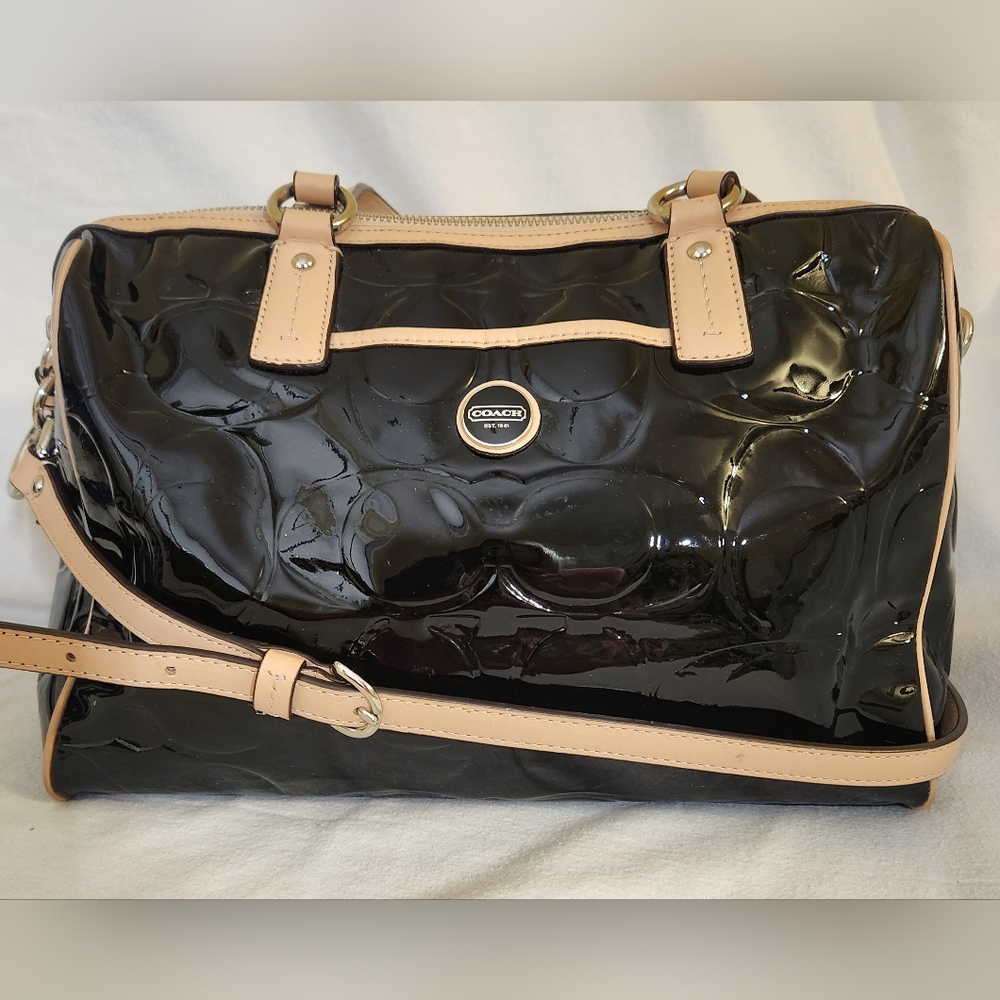 Coach Peyton Tan And Black Patent Leather Satchel with Quilted Design